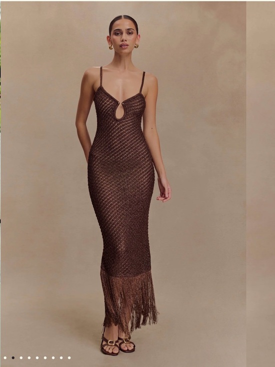 Meshki Dresses & Skirts - Meshki Raelynn Metallic Knit Fringe Midi Dress - Dark Chocolate